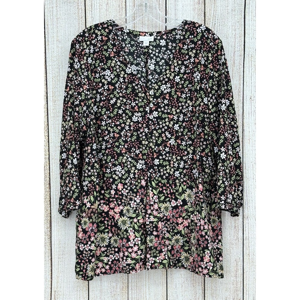 J. Jill Black Multicolor Floral Blouse Size Large Rayon‎ 3/4 Sleeve Tunic Top